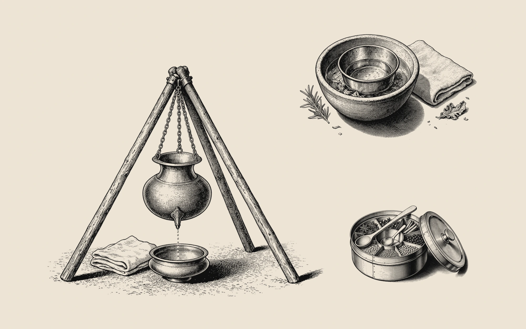 Engraved line drawings from the Maiaveda treatment pages